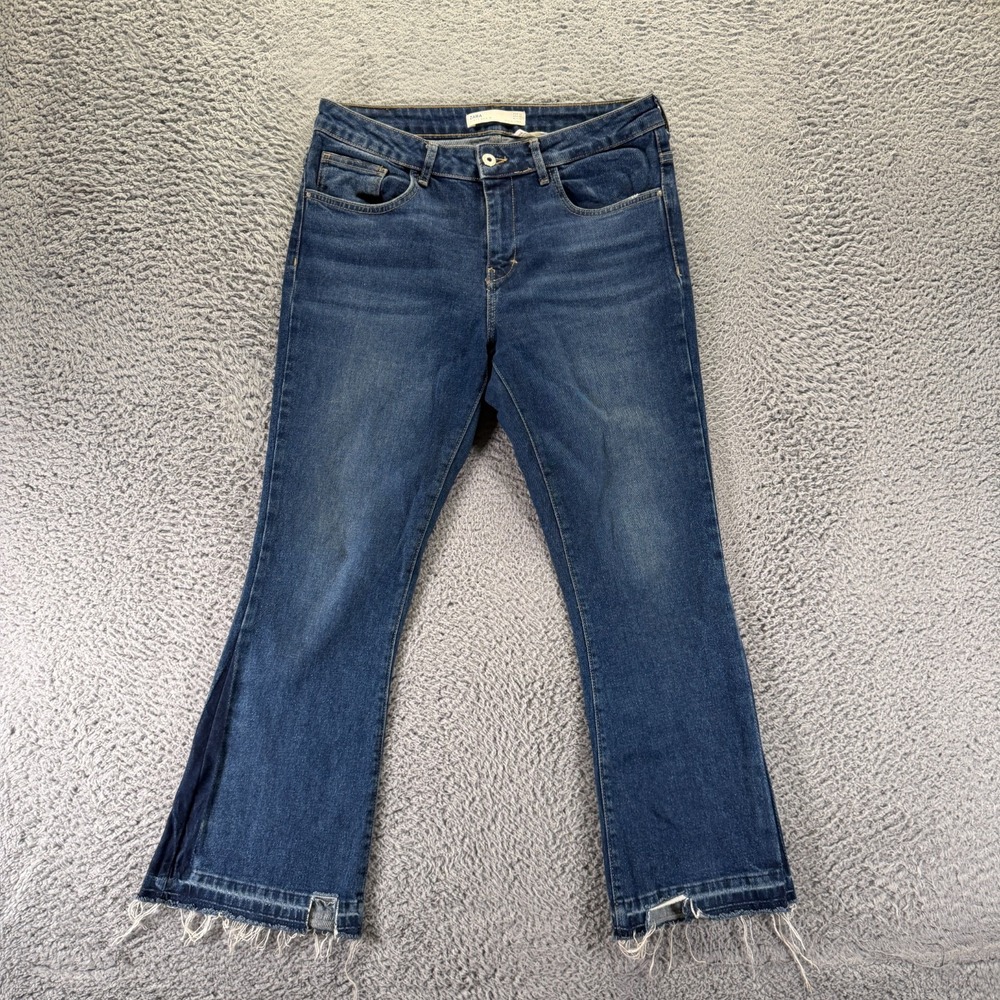 Zara Z1975 Jeans Womens 8 Blue Cotton Denim Bootcut Leg Workwear Raw-Hem Stretch